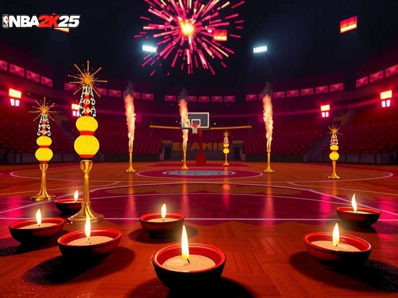 NBA 2K25 Block Party Diwali event with lit diyas on the court and firecracker effects